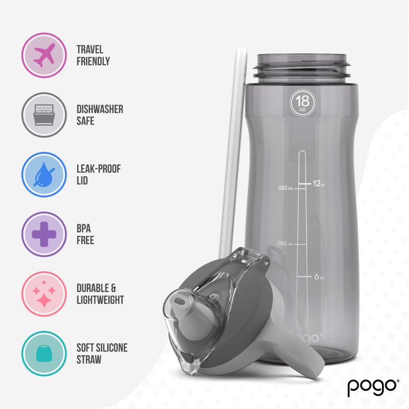 Pogo BPA-Free Tritan Plastic Water Bottle with Soft Straw Lid, 18 Oz, Grey - Image 3
