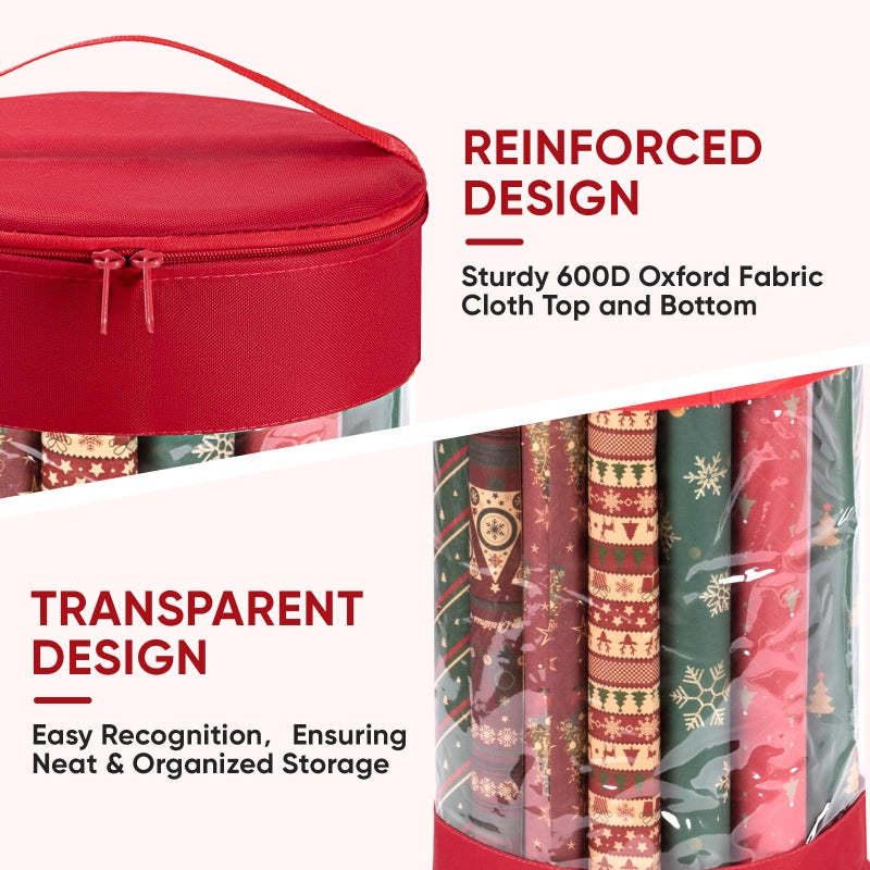 BALEINE Christmas Wrapping Paper Organizer Storage, 41" Gift Wrapping Paper Storage Containers, Clear PVC with Durable 600D Oxford Fabric Gift Wrap Paper Holder Fits 18-25 Rolls, Red - Image 2