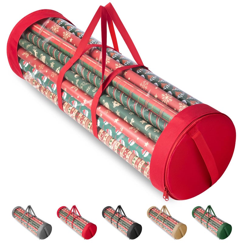 BALEINE Christmas Wrapping Paper Organizer Storage, 41" Gift Wrapping Paper Storage Containers, Clear PVC with Durable 600D Oxford Fabric Gift Wrap Paper Holder Fits 18-25 Rolls, Red - Image 1