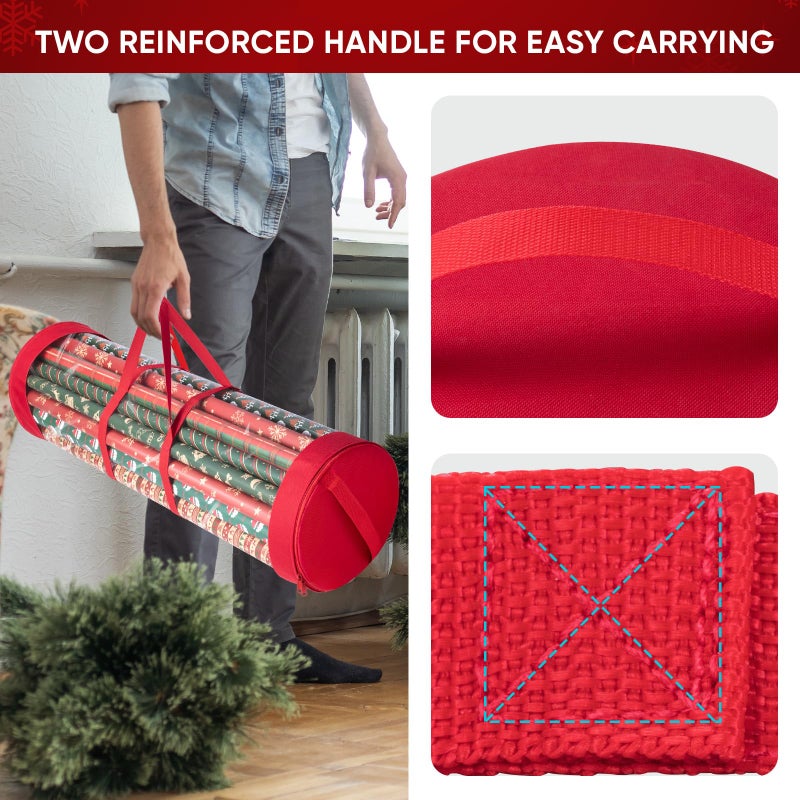 BALEINE Christmas Wrapping Paper Organizer Storage, 41" Gift Wrapping Paper Storage Containers, Clear PVC with Durable 600D Oxford Fabric Gift Wrap Paper Holder Fits 18-25 Rolls, Red - Image 3