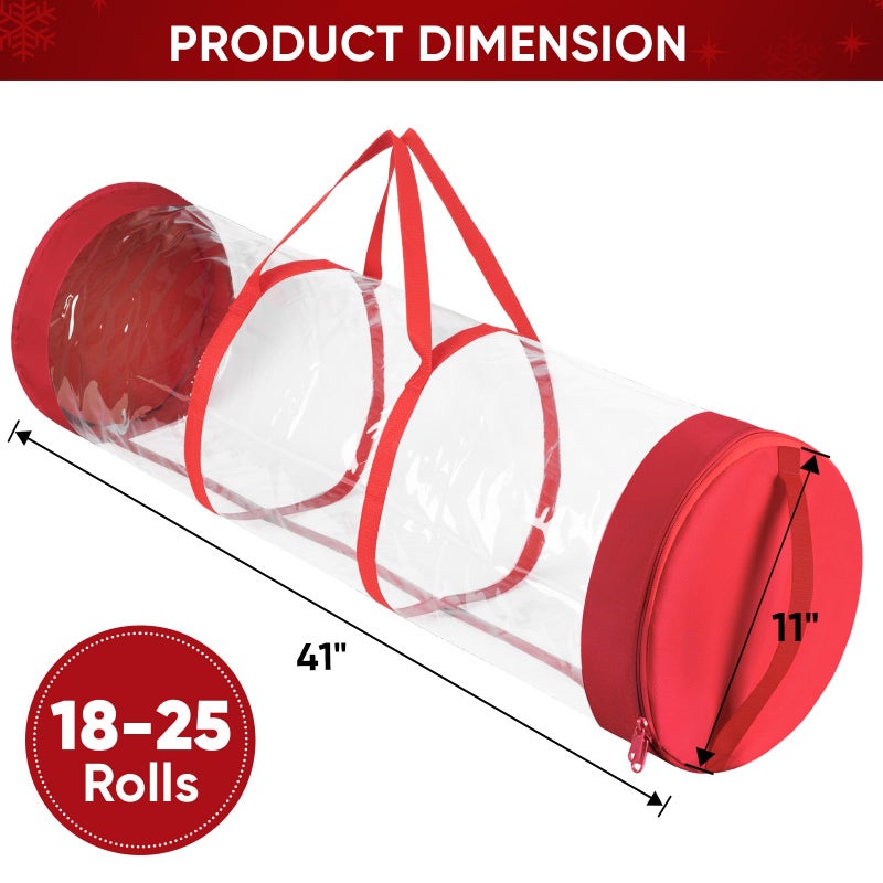 BALEINE Christmas Wrapping Paper Organizer Storage, 41" Gift Wrapping Paper Storage Containers, Clear PVC with Durable 600D Oxford Fabric Gift Wrap Paper Holder Fits 18-25 Rolls, Red - Image 4