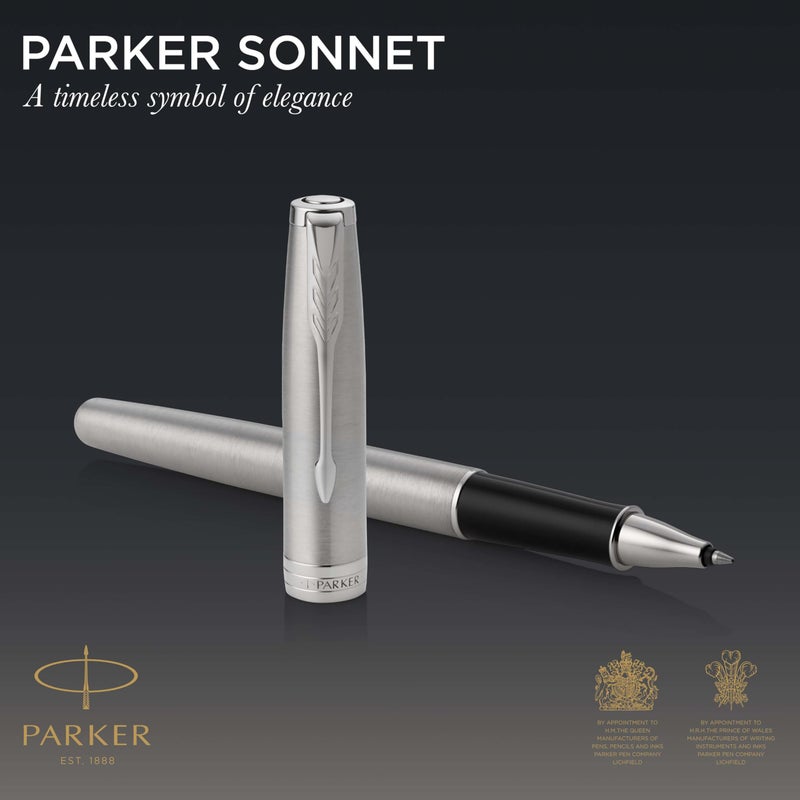 PARKER Sonnet Rollerball Pen, Stainless Steel with Palladium Trim, Fine Point Black Ink (1931511) - Image 2