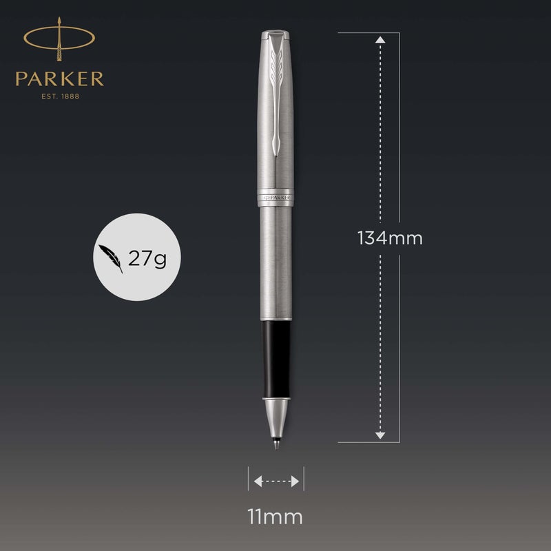 PARKER Sonnet Rollerball Pen, Stainless Steel with Palladium Trim, Fine Point Black Ink (1931511) - Image 3