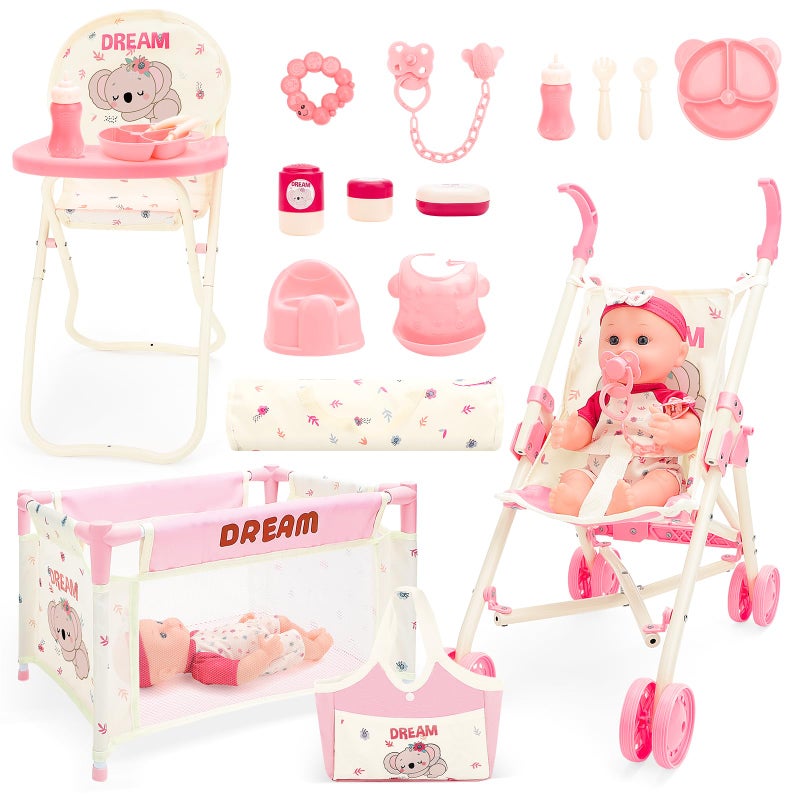 deAO Baby Doll Stroller Toys with 12" Baby Doll Accessories Crib Bed High Chair Nursery Role Play Set Play Mat,Travel Cot,Bouncer,Foldable Stroller,Travel Bag, Birthday Gifts for Toddlers Girls Boys - Image 1