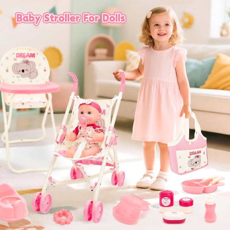 deAO Baby Doll Stroller Toys with 12" Baby Doll Accessories Crib Bed High Chair Nursery Role Play Set Play Mat,Travel Cot,Bouncer,Foldable Stroller,Travel Bag, Birthday Gifts for Toddlers Girls Boys - Image 5
