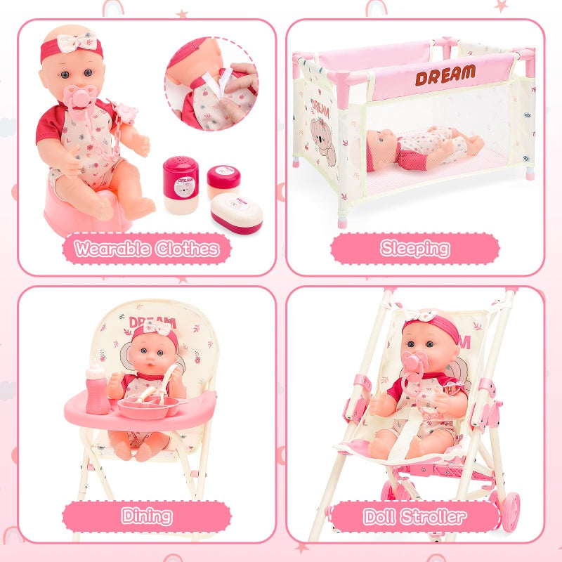 deAO Baby Doll Stroller Toys with 12" Baby Doll Accessories Crib Bed High Chair Nursery Role Play Set Play Mat,Travel Cot,Bouncer,Foldable Stroller,Travel Bag, Birthday Gifts for Toddlers Girls Boys - Image 4