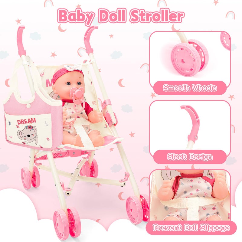 deAO Baby Doll Stroller Toys with 12" Baby Doll Accessories Crib Bed High Chair Nursery Role Play Set Play Mat,Travel Cot,Bouncer,Foldable Stroller,Travel Bag, Birthday Gifts for Toddlers Girls Boys - Image 2