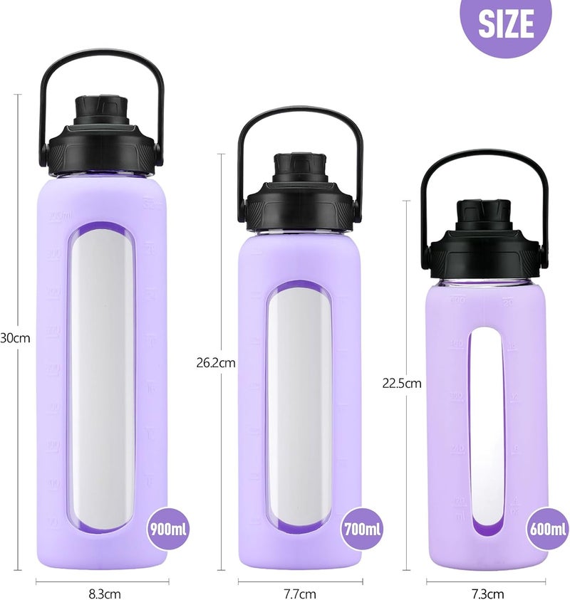 BLUEGO 900 ml Glass Water Bottle with Straw and 2 Lids, Glass Coffee Cup with Time Marking and Silicone Protection, Glass Cup for Drinks, Soda Cola, BPA-Free, Purple - Image 5