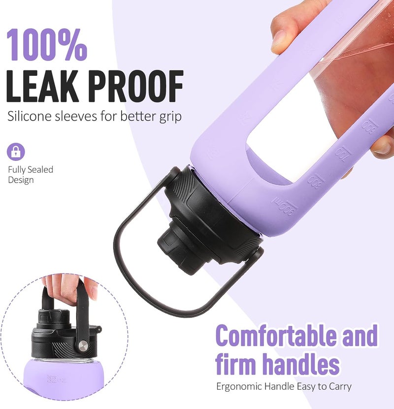BLUEGO 900 ml Glass Water Bottle with Straw and 2 Lids, Glass Coffee Cup with Time Marking and Silicone Protection, Glass Cup for Drinks, Soda Cola, BPA-Free, Purple - Image 2
