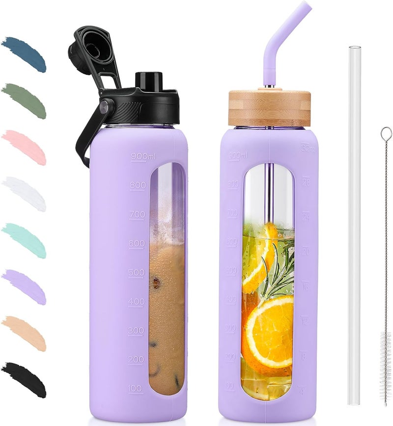 BLUEGO 900 ml Glass Water Bottle with Straw and 2 Lids, Glass Coffee Cup with Time Marking and Silicone Protection, Glass Cup for Drinks, Soda Cola, BPA-Free, Purple - Image 1