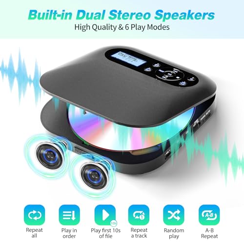 Desobry Portable CD Player with Bluetooth, Discman Player with Dual Speakers, FM Transmitter, Rechargeable Battery, AUX and Headphones, Anti‑Skip for Car, LCD Backlight for Home Upgraded - Image 2