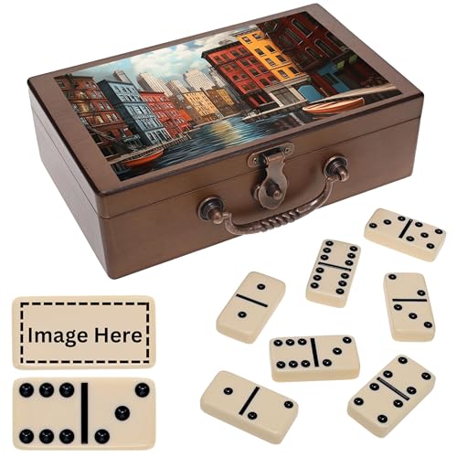 WE Games Custom Image Print Double 6 Dominoes in Wooden Treasure Box Dominoes Set for Adults Personalized Gifts - Image 1