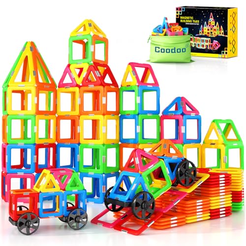 Coodoo Magnetic Tiles with 2 Cars Toys for 3 4 5 6 7 8+ Year Old Boys Girls, Magnetic Blocks Building Set for Toddlers STEM Creativity Educational Toys for Kids Age 3-6 - Image 1