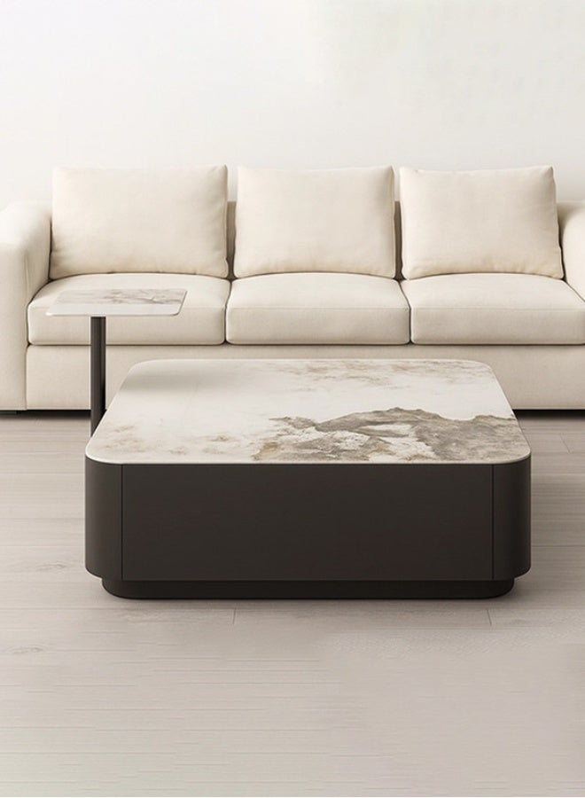 YI ONE Marble Coffee Table Set with Side Table – Modern Center Table with White Marble Top, 2 Storage Drawers & Black Wooden Base – Stylish Living Room Furniture (100 x 90 x 30 CM ) - Image 1