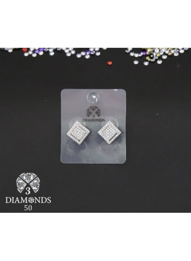 Square Stud Earrings, Platinum & Rhodium Plated, Zircon Sparkle