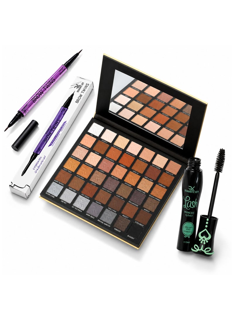 Romantic Key Complete Eye Makeup Set - 42-Color Eyeshadow Palette with Mascara and Dual-Ended Eyebrow Pencil - Image 2