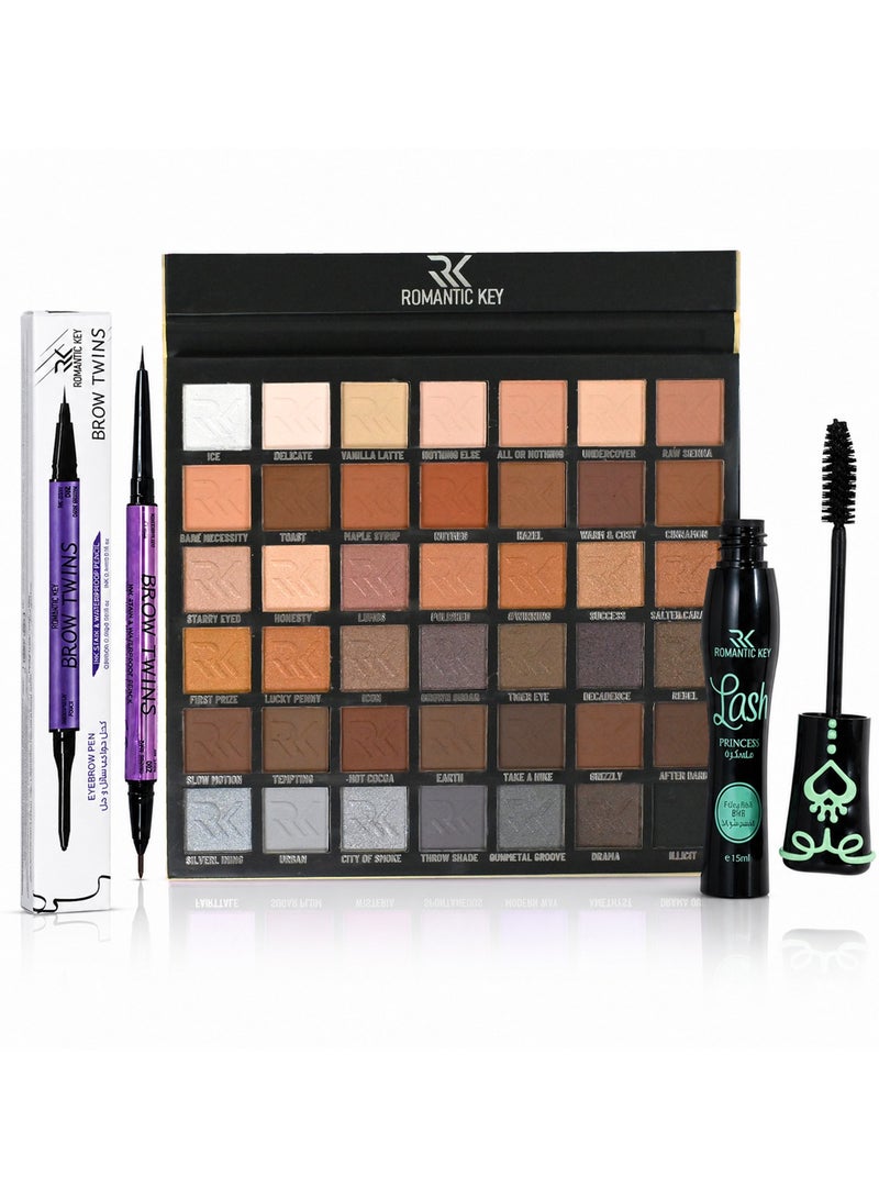 Romantic Key Complete Eye Makeup Set - 42-Color Eyeshadow Palette with Mascara and Dual-Ended Eyebrow Pencil - Image 1