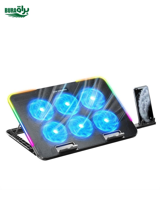 BURAQ - ICE COOREL A9R 6-fans Adjustable Laptop Stand Radiator with RGB Atmosphere Light(Black) - Image 1