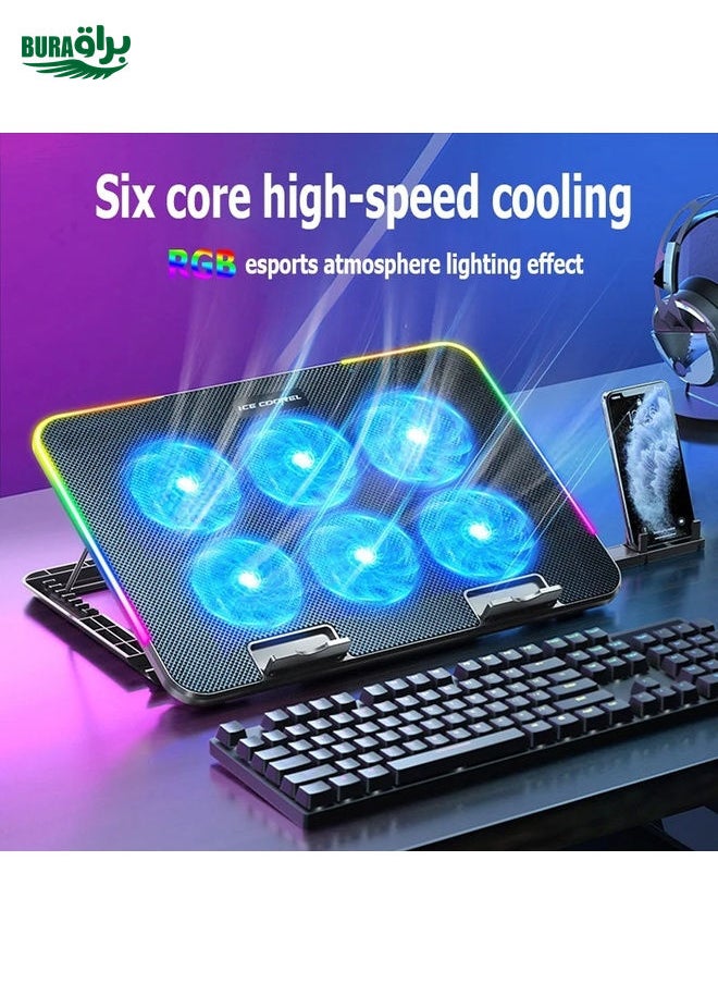BURAQ - ICE COOREL A9R 6-fans Adjustable Laptop Stand Radiator with RGB Atmosphere Light(Black) - Image 1