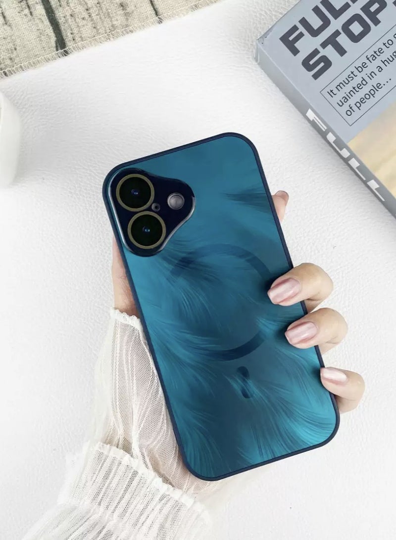 IPhone 16 magnetic matte phone case, luxurious cover coating，non stick fingerprint，gradient flowing phoenix tail pattern lens protective case (blue) - Image 1