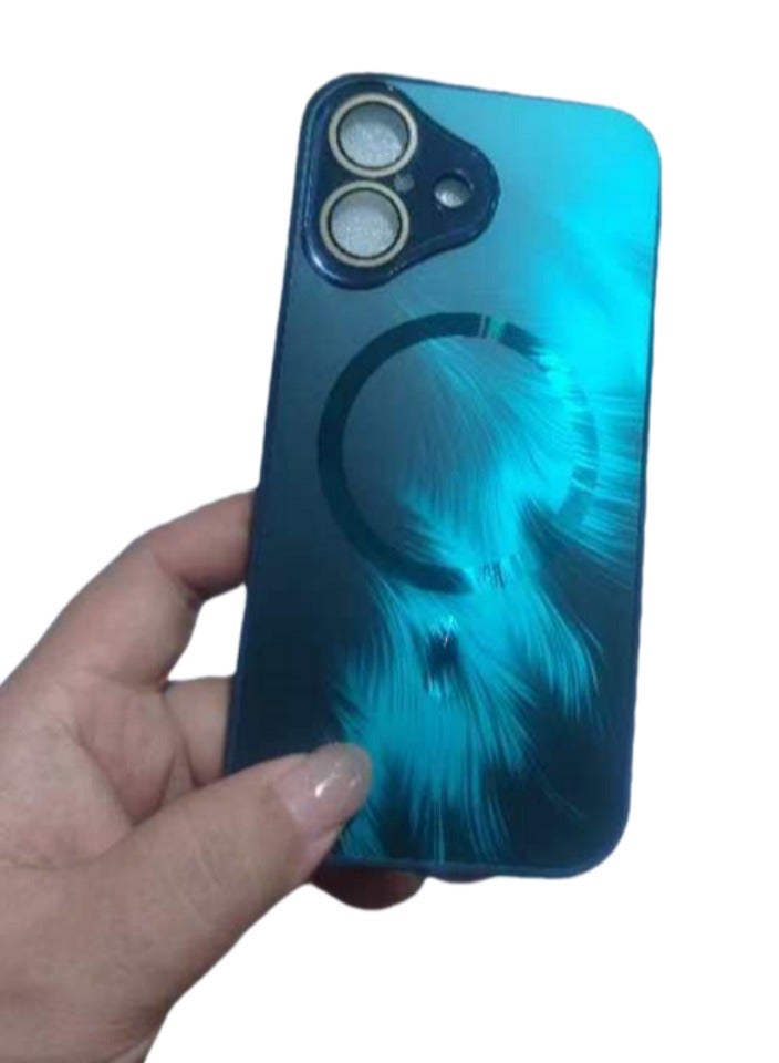 IPhone 16 magnetic matte phone case, luxurious cover coating，non stick fingerprint，gradient flowing phoenix tail pattern lens protective case (blue) - Image 4