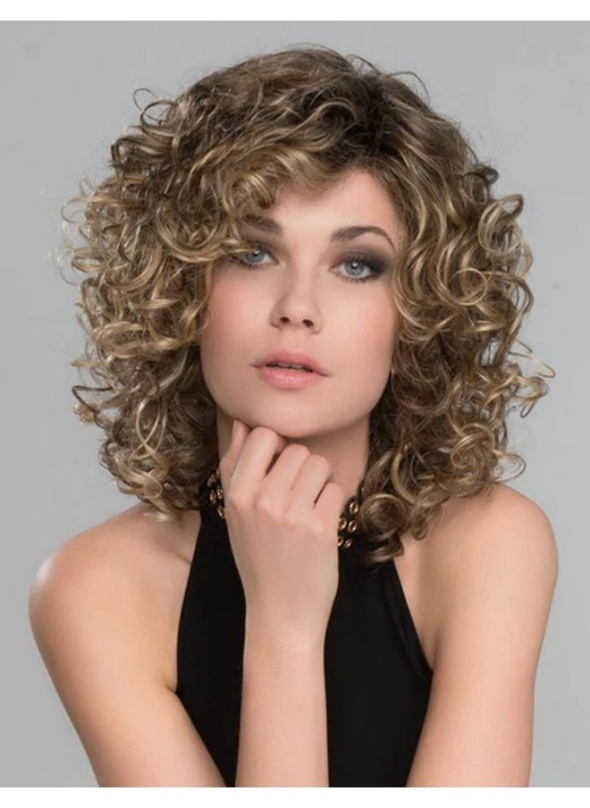 RENERSHOW - Enershow Short Brown Curly Wigs For Women Mixed Blonde Synthetic Wig Bouncy Curly Hair Replacement Wig Ombre Curly Wig With Dark Roots - Image 1