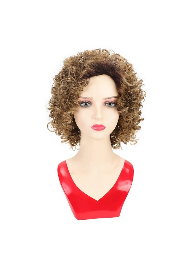 RENERSHOW - Enershow Short Brown Curly Wigs For Women Mixed Blonde Synthetic Wig Bouncy Curly Hair Replacement Wig Ombre Curly Wig With Dark Roots - Image 1