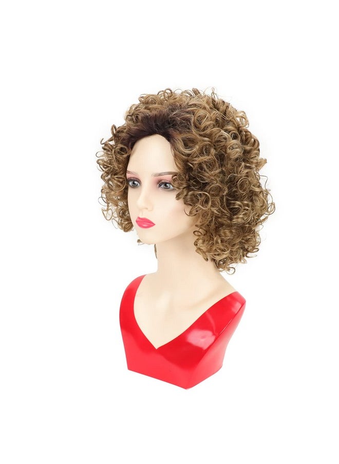 RENERSHOW - Enershow Short Brown Curly Wigs For Women Mixed Blonde Synthetic Wig Bouncy Curly Hair Replacement Wig Ombre Curly Wig With Dark Roots - Image 1