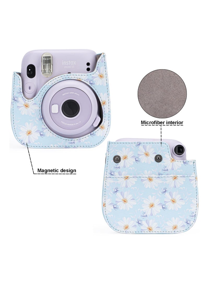 SOLARAE Protective and Portable Case for Fujifilm Instax Mini 11/9/8/8+ Instant Film Camera, Featuring Accessory Pocket and Adjustable Strap in Light Blue Floral Design. - Image 3