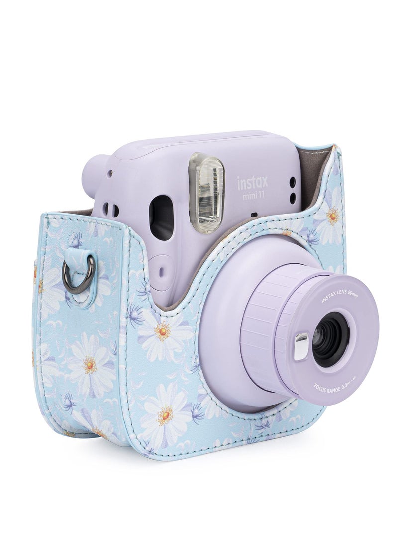 SOLARAE Protective and Portable Case for Fujifilm Instax Mini 11/9/8/8+ Instant Film Camera, Featuring Accessory Pocket and Adjustable Strap in Light Blue Floral Design. - Image 4