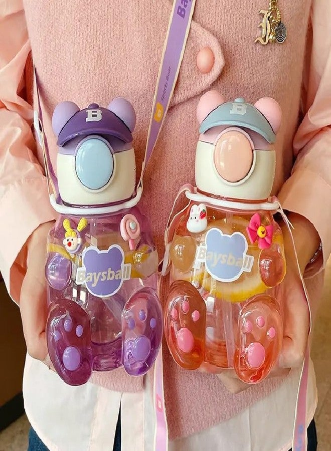 MANIBAM IMPEX Cartoon Shape Kids Water Bottle with Straw,Shoulder Belt, cleaner brush,2D Sticker,3D Sticker Non-Toxic BPA Free Sipper Bottle Leak Proof Bottle for School Kids(Pack Of 1) (PURPLE) - Image 2