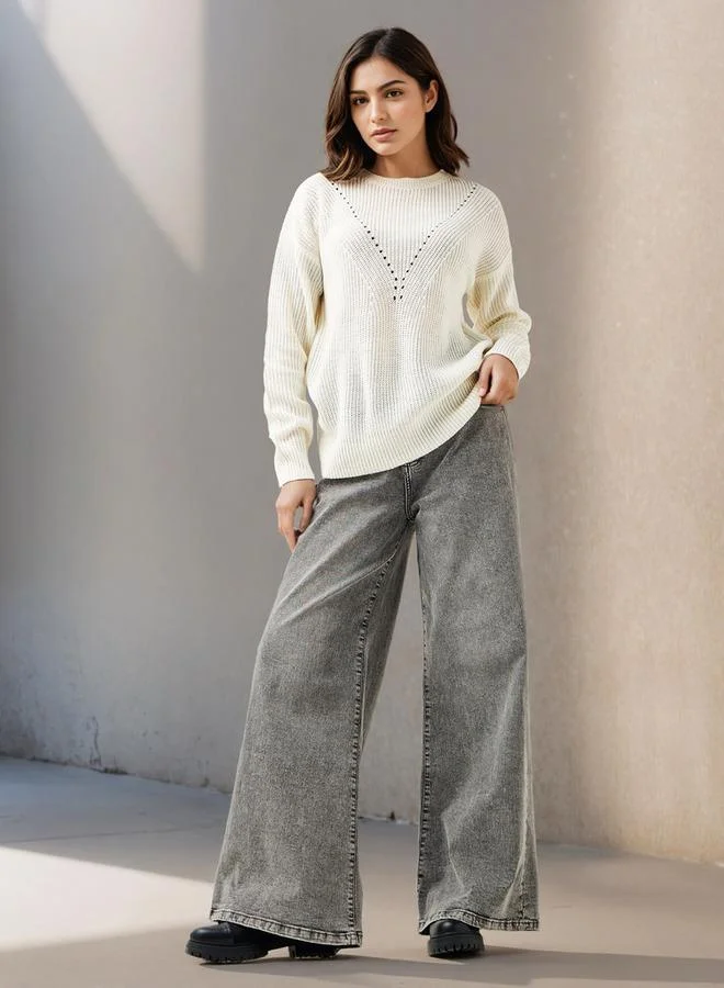 Splash FAV Textured Crew Neck Sweater with Long Sleeves