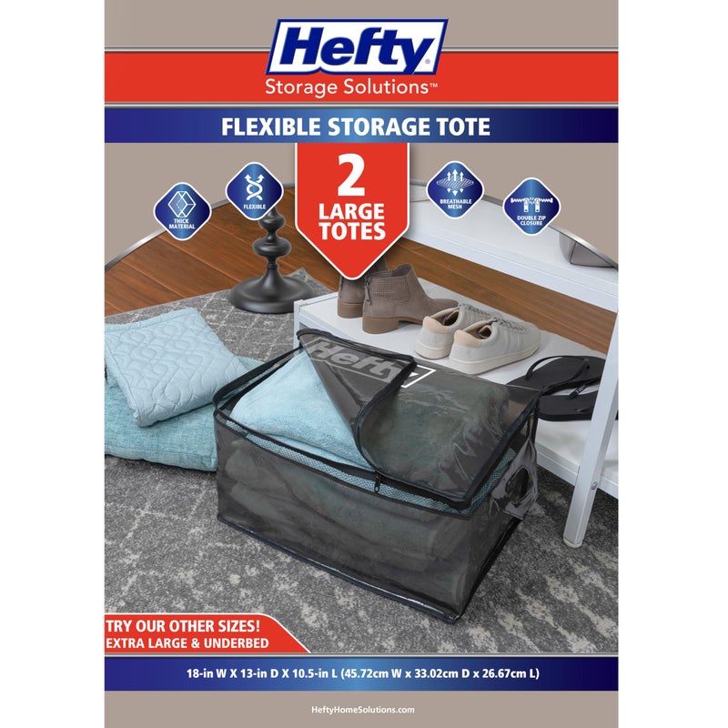 Hefty Large Flexible Tote with Breathable Mesh, Double Zipper, 2 Handles â€“ Ideal for Moving or Clothes & Apparel Storage, Alternative to Plastic Bin, Organizer or Container â€“ 2 Pack - Image 2