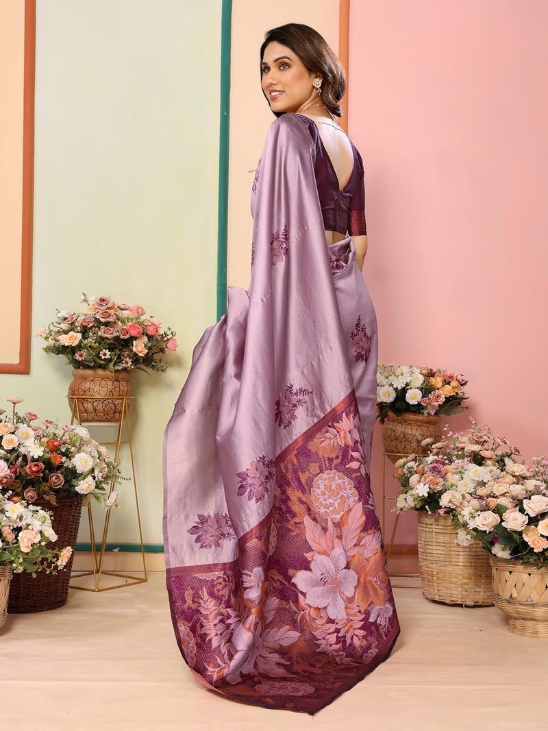 Sidhidata ساري سيدهيداتا النسائي من كانجيفارام بناراسي من الحرير الناعم مع قطعة بلوزة غير مخيطة - تصميم زهور - Image 2