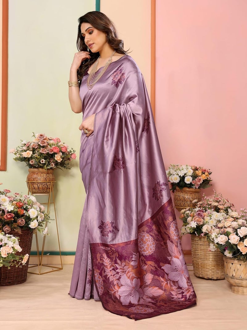 Sidhidata ساري سيدهيداتا النسائي من كانجيفارام بناراسي من الحرير الناعم مع قطعة بلوزة غير مخيطة - تصميم زهور - Image 4