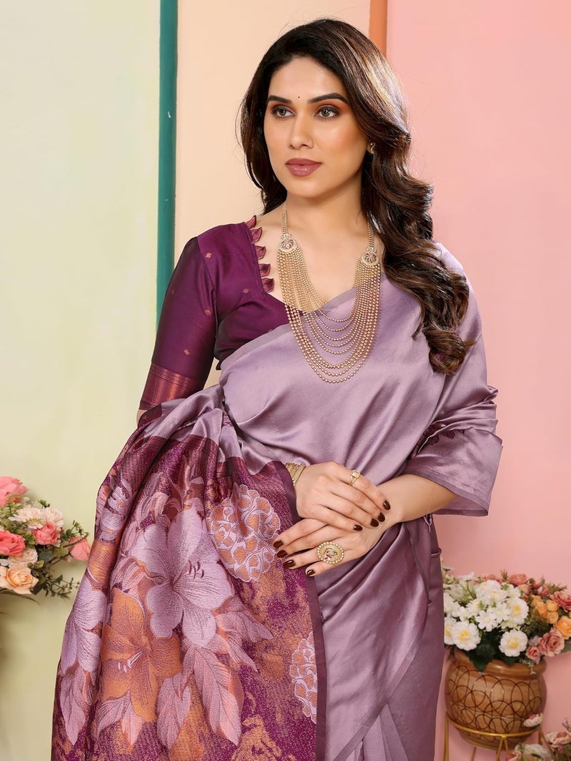 Sidhidata ساري سيدهيداتا النسائي من كانجيفارام بناراسي من الحرير الناعم مع قطعة بلوزة غير مخيطة - تصميم زهور - Image 3