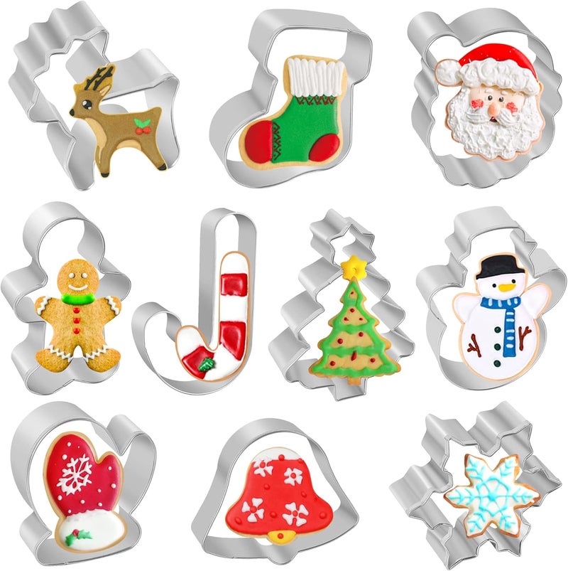 TAROSE Christmas Cookie Cutters, 10 pieces Large Metal Cookie Cutters Shape - Gingerbread Man, Snowflake, Snowman, Christmas Tree, Bell, Reindeer & More for Holiday, Stainless Steel - Image 1