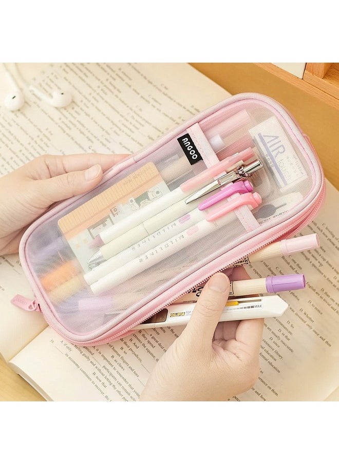 EASTHILL - EASTHILL Grid Mesh Pen Pencil Case with Zipper Clear Makeup Color Pouch Cosmetics Bag Multi-Purpose Travel School Teen Girls and Boys Transparent Stationary Bag Office Organizer Box for Adluts(Pink) - Image 1