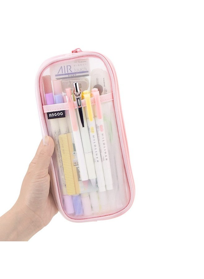 EASTHILL - EASTHILL Grid Mesh Pen Pencil Case with Zipper Clear Makeup Color Pouch Cosmetics Bag Multi-Purpose Travel School Teen Girls and Boys Transparent Stationary Bag Office Organizer Box for Adluts(Pink) - Image 1