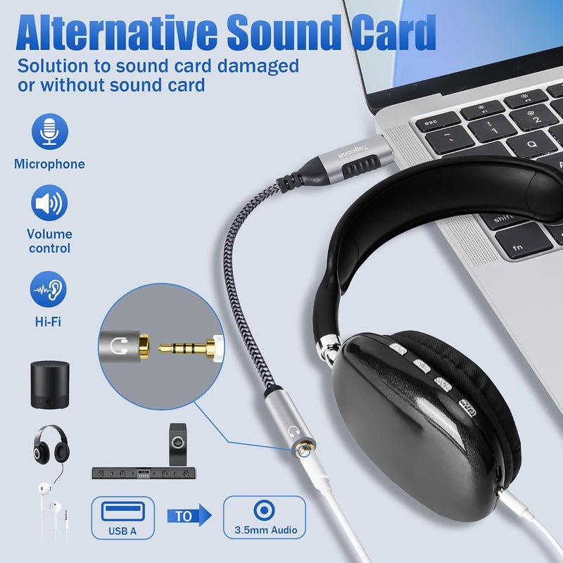 Togconn محول USB A إلى مقبس سماعة الرأس 3.5 ملم AUX عبوة مزدوجة، محول بطاقة صوت خارجي ستيريو، كابل محول صوت USB إلى AUX مع ميكروفون TRRS رباعي الأقطاب، متوافق مع سماعات الرأ��، الكمبيوتر الشخصي، اللابتوب، أجهزة سطح المكتب، PS4 - 0.6 قدم - Image 3
