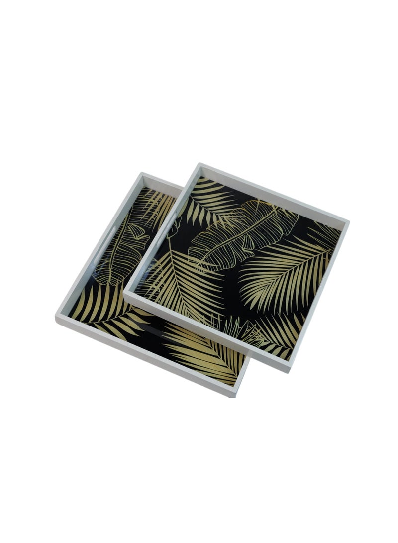 Decorative Serving Trays, Tropical Palm Leaf Pattern, Black and Gold, White Frame, Set of 2  - Image 1