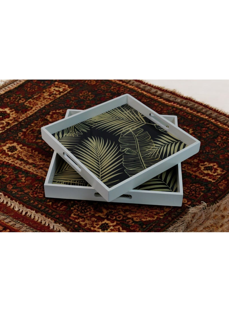 Decorative Serving Trays, Tropical Palm Leaf Pattern, Black and Gold, White Frame, Set of 2  - Image 2