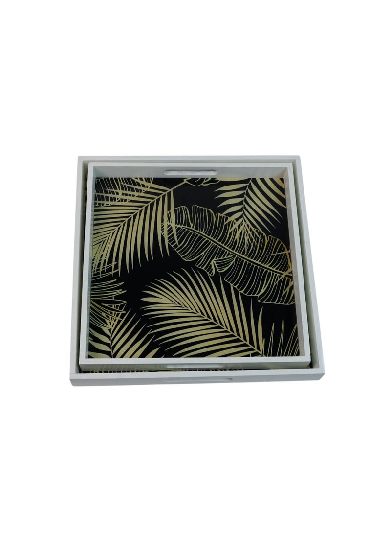 Decorative Serving Trays, Tropical Palm Leaf Pattern, Black and Gold, White Frame, Set of 2  - Image 3