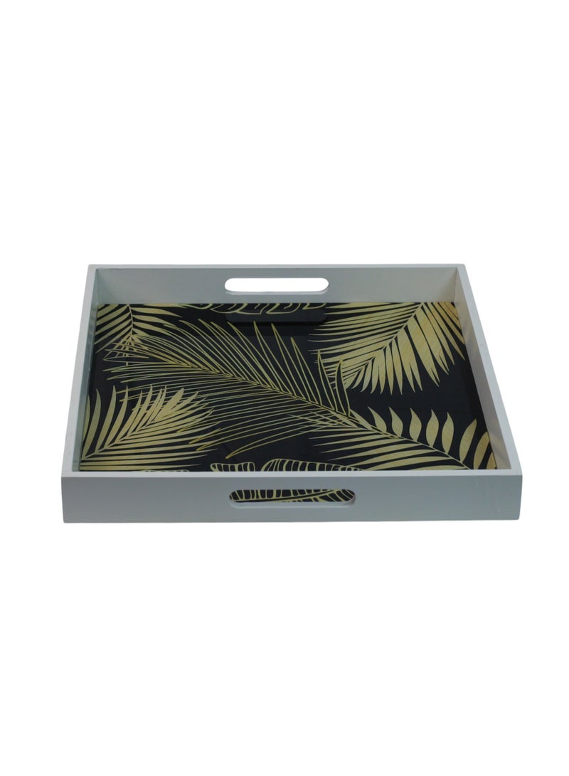 Decorative Serving Trays, Tropical Palm Leaf Pattern, Black and Gold, White Frame, Set of 2  - Image 4