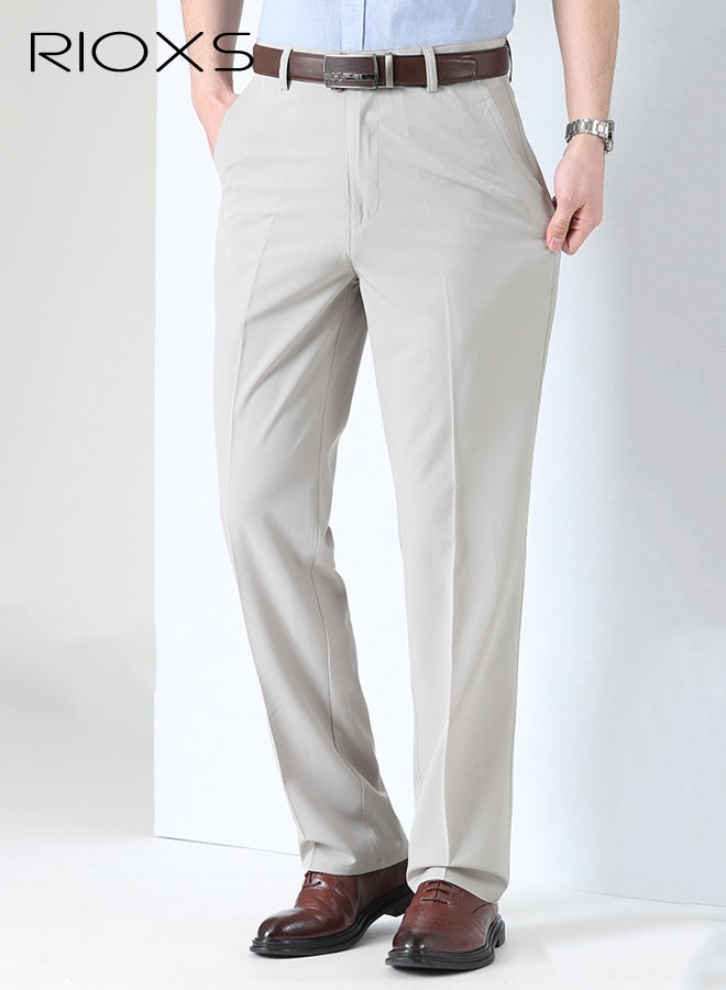 RIOXS Men's Ice Silk Dress Pants, Quick Dry Slim Fit Pleated Front Formal Pants for Men, Beathable Flat Front Wrinkle Free Casual Trousers Athletic Golf Pants with Pockets, Comfort Stretch Expandable Waist Suit Pants for Work, Meeting, Dating, Prom, Wedding and More, Grey - Image 1