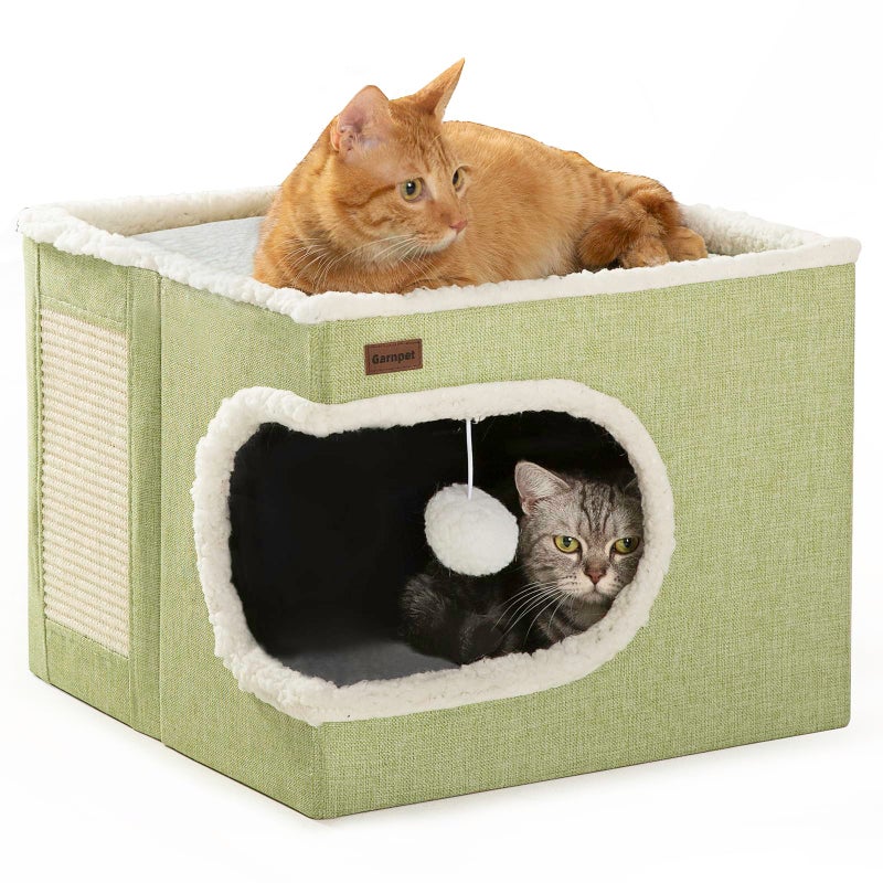 Garnpet Cat Bed for Indoor Cats Cube House, Covered Cat Cave Beds & Furniture with Scratch Pad and Hideaway Tent, Cute Modern Cat Condo for Multi Small Pet Large Kitten Kitty, Green - Image 1
