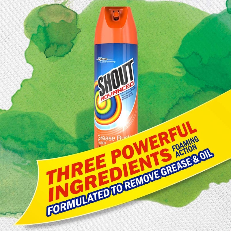 Shout Advanced Grease Busting Foam, Laundry Stain Remover, Oil and Grease Stain Remover for Clothes Laundry; Works on motor oil, bike grease, cooking oil, and more! 18oz Can - Image 4