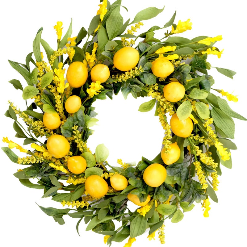 Tempus TEMPUS 20 inch Artificial Lemon Wreath Spring Summer Fruit Wreath with Yellow Lemon and Artificial Green Leaves for Front Door Window and Wall Hanging Decorations Holiday Decorations 