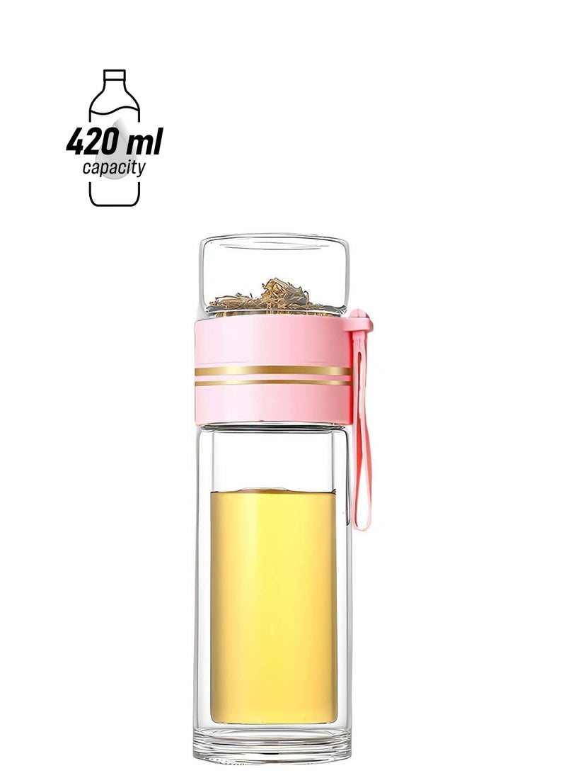 XiuWoo Tea Infuser Bottle, Clear Double Wall Glass Water Bottle, Portable Travel Water Separation Tea Bottle Mug Cup with Tea Infuser for Women Men, 420ml, pink  - Image 1