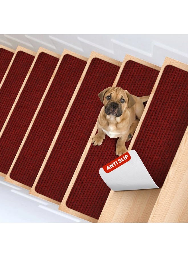 MBIGM 8" X 30" (15 in Pack) Non-Slip Carpet Stair Treads Non-Skid Safety Rug Slip Resistant Indoor Runner for Kids Elders & Pets w/Reusable Adhesive Red Anti-Slip Stair Strips - Washable Stair Treads - Image 1